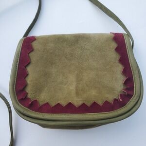 Vintage Barganza Mini Suede Crossbody Bag Green Burgundy Zig Zag Trim